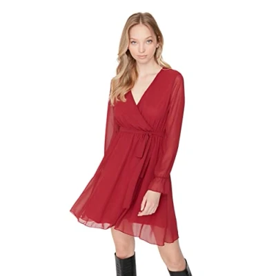 Image of Trendyol Women Basic Midi Skater Fitted Woven Dress Burgundy