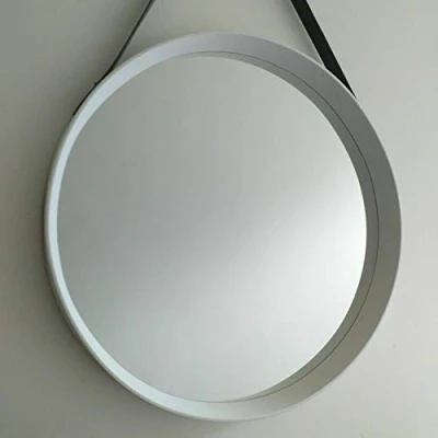 Image of LARGE ROUND WALL MIRROR 52CM WHITE HANGING WITH FAUX LEATHER STRAP HOME LIVING DECOR GIFT NEW