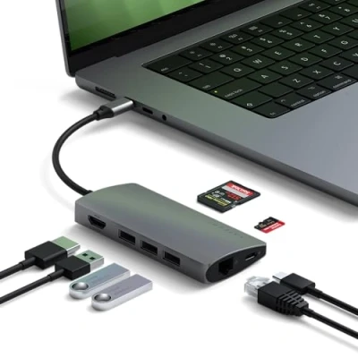 Image of SATECHI USB C Hub Multiport Adapter V2 Dongle 4K HDMI (60Hz), 60W Charging, GbE, SD/Micro Card Readers, 3.0 USBC For MacBook Pro/Air M1 M2 Space Gray