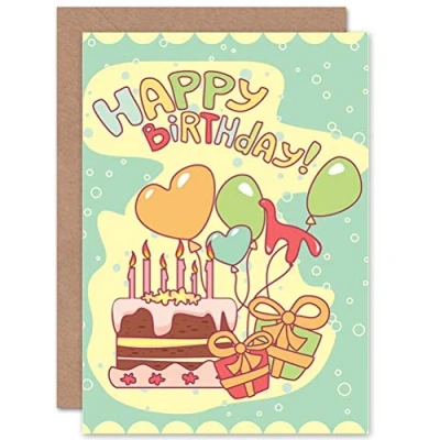Image of Wee Blue Coo HAPPY BIRTHDAY CAKE BALLOONS BLANK GREETINGS CARD ART