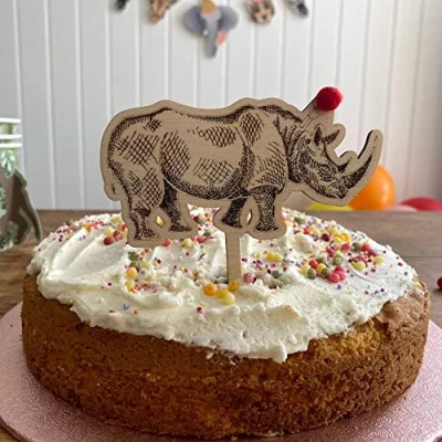 Image of Wooden Rhino Animal Cake Topper, Childrens Birthday Party Decoration, Christening Jungle Safari