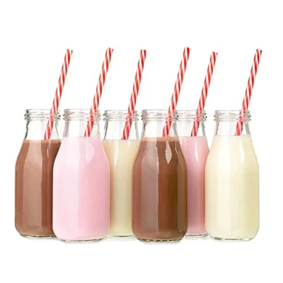 Image of KWARE Glass Milk Bottles with Lids Empty 300ml Set of 6 Airtight Mini Silver for Beverages, Liquids &amp; Décor Retro Juice Weddings, BBQ&#039;s Picnics