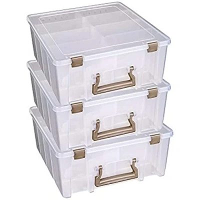Image of ArtBin Super Satchel Double Deep 3 Pack, Portable Art &amp; Craft Organizers with Handles, [3] Plastic Storage Cases, Rose Accents, Polypropylene, Clear Gold