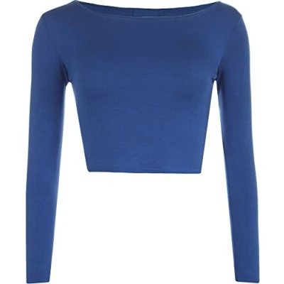 Image of Womens Crop Long Sleeve T Shirt Ladies Short Plain Round Neck Top Royal Blue 12/14