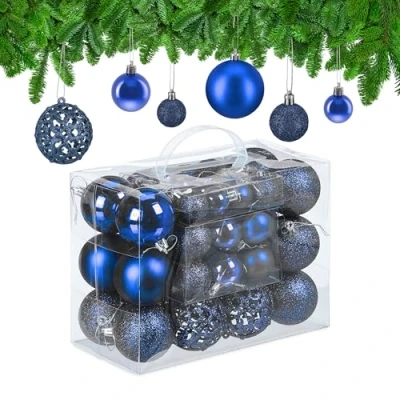 Image of Relaxdays Christmas Bauble Set of 50, Glittery, Matt &amp; Shiny Ornaments, Plastic Xmas Tree Balls, Ø: 3, 4 6 cm, Blue, 100%