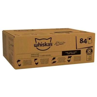 Image of whiskas 1 plus Adult Tasty Duo in Jelly 84 Pouches, Wet Cat Food, Surf and Turf, Megapack (84 x 85 g)