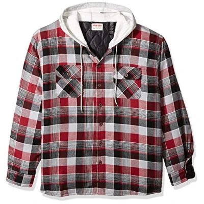 Image of Wrangler Authentics Men&#039;s Long Sleeve Quilted Lined Flannel Shirt Jacket with Hood Button, Biking Red, XL