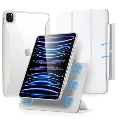 Image of ESR for iPad Pro 11 Inch Case (2022/2021/2020/2018, 4th/3rd/2nd/1st Generation) with Pencil Holder, Removable Magnetic Cover, Vertical Stand, Rebound 360 Series, Brilliant White
