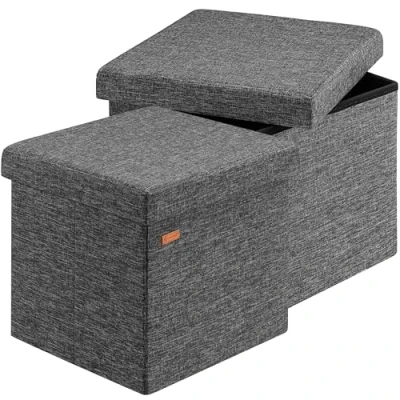 Image of CASARIA® 2x 40cm Square Foldable Stool with Storage Space Linen Removable Padded Lid 40x40cm Ottoman 40 Litre Capacity Chest Shoe Accessory Store Box Set of 2 Dark Grey