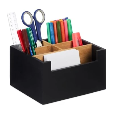 Image of Relaxdays Desk Organiser, Bamboo, 5 Compartments, for Office Supplies &amp; Cosmetics, Pen Holder, 9.5 x 18 15 cm, Black