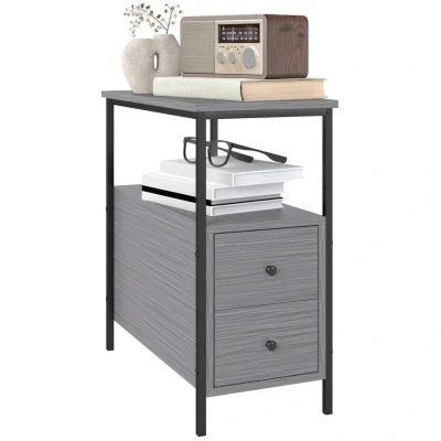 Image of HOMCOM Side Table, Narrow Bedside Table with 2 Drawers and Storage Shelf, Industrial End Metal Frame for Small Spaces, Grey Wood Grain