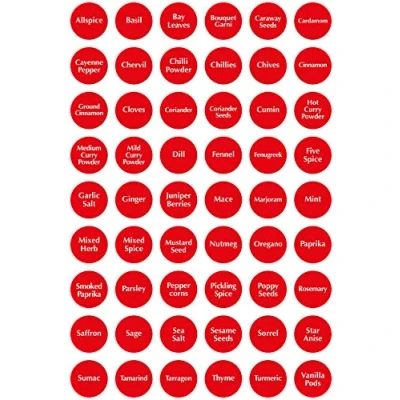 Image of 54 x Spice/Herb Storage Jar Kitchen Home Cooking Labels Stickers Decals 30mm (Red with White Text)