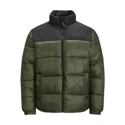 Image of JACK &amp; JONES Mens Puffer Jacket Windproof Full Zip Stand up Collar Long Sleeve Jackets for Men, Green Colour, Size 2XL