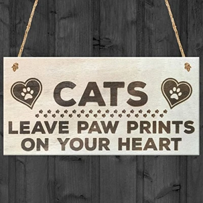 Image of Red Ocean Cats Leave Paw Prints On Your Heart Wooden Hanging Plaque Cat Lovers Gift