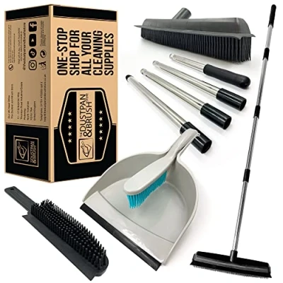 Image of Rubber Broom and Dustpan Set with 4 Section Stainless Steel Handle Handheld Brush The Perfect for Floors, Pet Hair Carpet