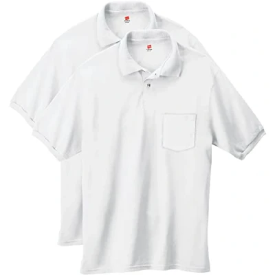 Image of Hanes Men&#039;s Short Sleeve Jersey Pocket Polo, White, Medium (Pack of 2)