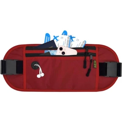 Image of SUNDEE Travel Money Belt Bag with Adjustable Strap, RFID Security Hidden Waist Pouch for Men and Women, Wallet Cards Passports Phone Red
