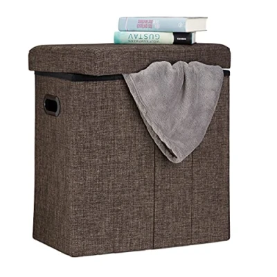 Image of Relaxdays Folding Ottoman, HxWxD: 49.5 x 46 25.5 cm, with Storage, Foldable Footstool, Linen, Polyester, MDF, Brown