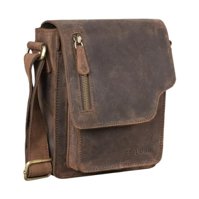 Image of STILORD &#039;Pete&#039; shoulder bag leather small for men messenger cross body vintage design fit 8,4 inch tablets real leather, Colour:zamora brown