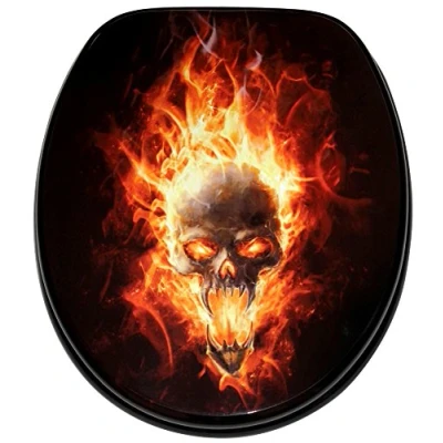 Image of Sanilo Toilet Seat, Stable Hinges, Easy to Mount, Wooden Seat Skull in Flames