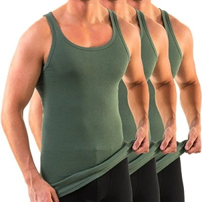Image of HERMKO 3007 3 Pack Extra Long (Approx. 10 cm+) Men&#039;s Tank top Vest in 100% bio Cotton, Size:Large, Colour:Olive