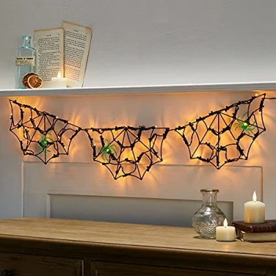 Image of Lights4fun LED Black Spider Web Light Halloween Party Hanging Decoration Battery Operated with Timer 0.9m Indoor &amp; Outdoor Use