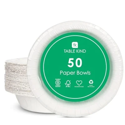 Image of Table Kind 50 x Paper Bowls Bulk Pack Eco Friendly Disposable Dishes for Camping Catering Everyday Use Salad Dessert Cereal Recyclable Birthday Party Supplies Home Compostable Made in EU 23CM