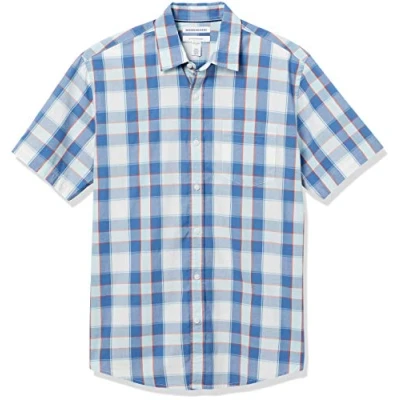 Image of Amazon Essentials Men&#039;s Regular Fit Short Sleeve Poplin Shirt, Blue Buffalo Check, XL