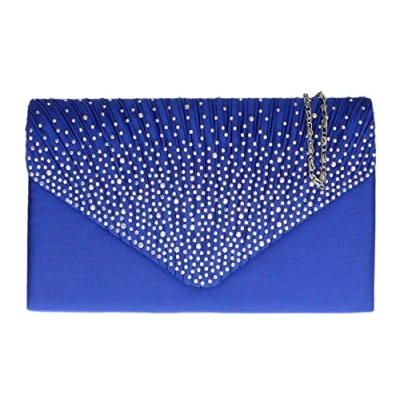Image of Girly Handbags Womens Pleated Satin Clutch Bag Diamante Shoulder Chain Elegant Prom Wedding Evening Blue