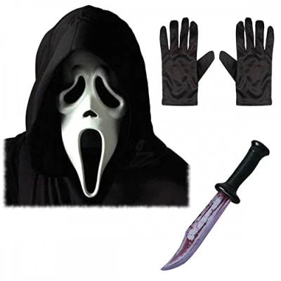 Image of A2ZFD Adult Unisex Official Scream/Ghost Face Mask with Hood + Black Gloves Bloody Blade ; Halloween Fancy Dress Accessory Set