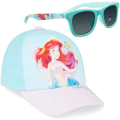 Image of Disney Girls Sunglasses and Baseball Cap Set, Adjustable Sun Hat 100% UV Gifts (Blue Ariel)