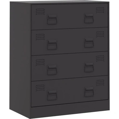 Image of vidaXL Modern Black Steel Sideboard with Cold Rolled Frame, 4 Storage Drawers, 8 Metal Handles for Living Room/Office