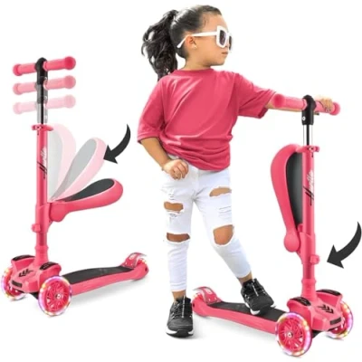 Image of Hurtle, 3 Wheel Try Scooter for Kids Ages 2 12, Scooter, Boys &amp; Girls w/ Flip able Seat, 2+ Year Old, Foldable Kick Toddler Flashing Lights, Adjustable Height