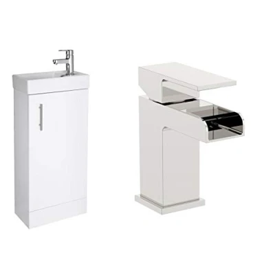 Image of VeeBath Sheen High Gloss White 400mm Compact Cloakroom Vanity Unit with Waterfall Designer Chrome Basin Mixer Tap + Waste