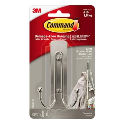 Image of Command Brushed Nickel Double Decorative Hook for Indoor Use 1 Metal Large and Adhesive Strip Hang Jackets, Purses, Handbags, Hats, Scarves, Dog leads Organise Damage Free