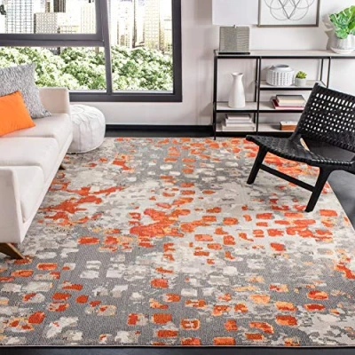 Image of Safavieh Modern Chic Rug for Living Room, Dining Bedroom Madison Collection, Short Pile, in Grey and Orange, 91 X 152 cm