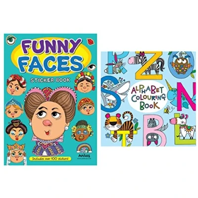 Image of Anilas Set of 2 Funny Faces Sticker Book &amp; Colouring Activity Book, Themes Include Unicorns, Dinosaurs, Pirates, Space, Princess, Mermaid, Knights, Diggers, Ideal for Children Aged 3 8 (Pirates)
