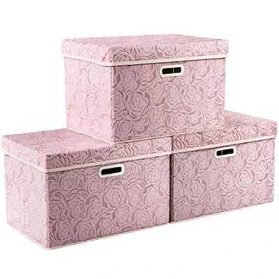 Image of PRANDOM Larger Collapsible Storage Boxes with Lids Fabric Decorative Bins Cubes Organizer Containers Baskets Handles Divider for Bedroom Closet Living Room Pink 17.7x11.8x11.8 Inch 3 Pack