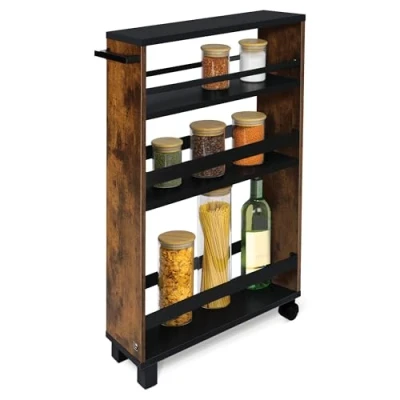 Image of bomoe Hylla Storage Cart 50x79x15 cm Kitchen Trolley with 2 Wheels &amp; Feet Utility 3 Shelves FSC® Worktop Narrow Under Desk for Bathroom Office Brown Black