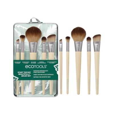 Image of EcoTools 6 Piece Start The Day Beautifully Makeup Brush Set, Brushes For Eyeshadow, Blush, Concealer, &amp; Foundation Application, Eco Friendly, Synthetic Hair, Vegan Cruelty Free