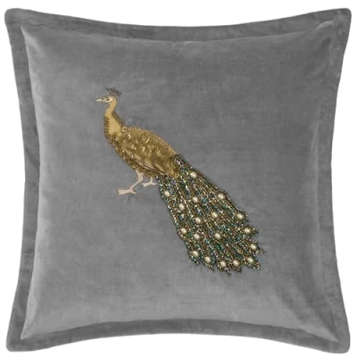 Image of Voyage Maison Mayura Embroidered Peacock Cushion Steel Grey 55cm x