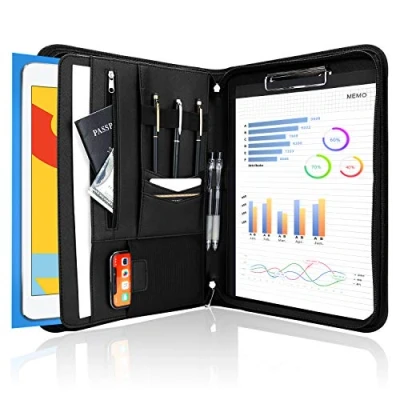 Image of ProCase Portfolio Business Padfolio Folder with Zipper, Conference Meeting Executive File Legal Document Organizer Pockets Letter Size A4 Writing Pad Notepad for Father&#039;s Day Gift Black