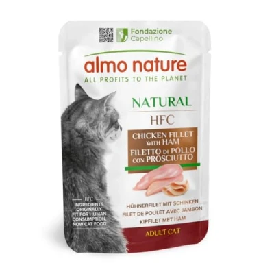 Image of almo nature HFC Raw Pack Wet Cat Food Pouch Chicken Fillet with Ham (Pack of 24 x55g)