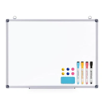 Image of simpa Magnetic Dry Wipe Whiteboard with Silver Aluminium Frame and Pen Tray, 4PC Pens, 6PC Magnets &amp; White Board Eraser 60cm (W) x 45cm (H)