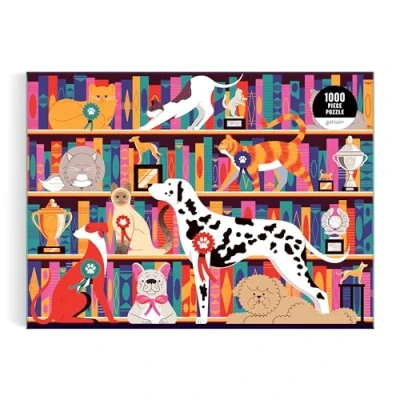Image of Galison 9780735376519 Best in Show 1000 Piece Puzzle Featuring A Witty Shelfie of Felines and Canines Sharing Trophies Books, Multicolour