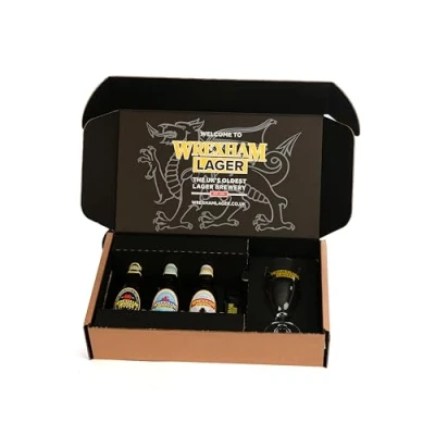 Image of Wrexham Lager Gift Box, Contains 3x330ml bottles, including Wrexham&#039;s Export, Pilsener and Original Lager, with branded Chalice Glass Bottle Opener, Great for Lovers