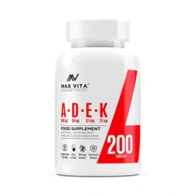 Image of ADEK Vitamin A D3 2000IU K2 (MK 7) 75mcg UK Made &amp; Vegetarian Supplement for Strong Bones, Teeth, Skin, Nails Immune System Antioxidant 200 Tablets