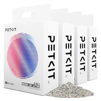 Image of PETKIT Strong Clumping Cat Litters, 5 in 1 Mixed Litter, 28 Litres Unscented Ultra Absorbent and Fast Drying Flushable Odor Eliminating, Biodegradable, 4 Packs