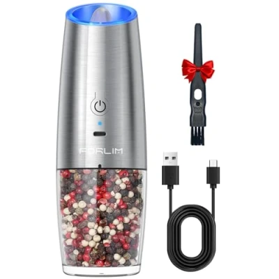 Image of FORLIM Electric Salt and Pepper Grinder Set USB Rechargeable, 6 Oz Capacity with Led Light, Adjustable Coarseness Stainless Steel Gravity Mill for Kitchen, Restaurant, Outdoor, 1 Pack（Silver