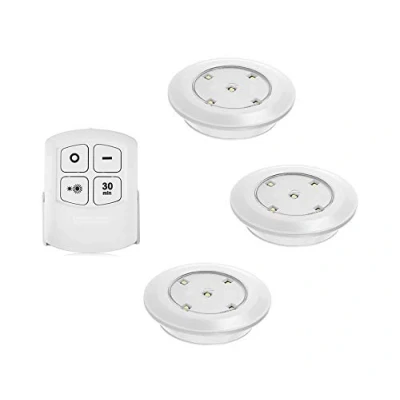 Image of Invero 3 Pack Wireless Remote Control LED Push Lights Dimmable, 30 Min Timer, Battery Operated Ideal Lighting for Under Cabinet, Wardrobes, Stair Cases, Cupboards